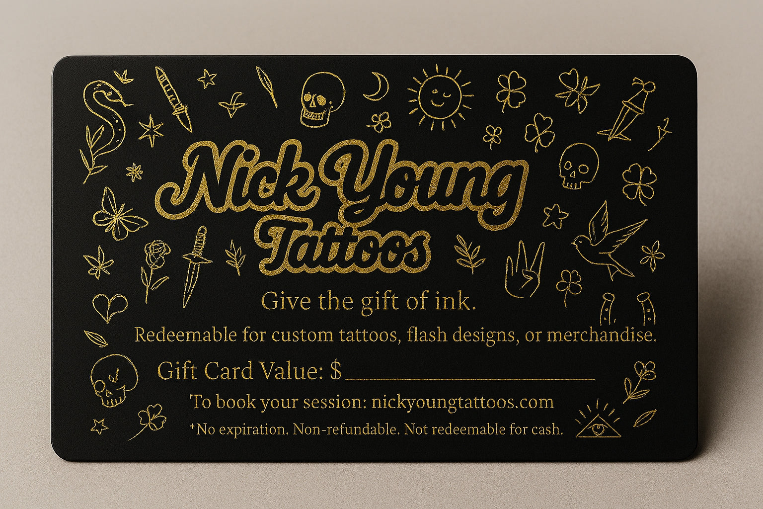 Black gift card with gold text and tattoos-themed design for Nick Young Tattoos.