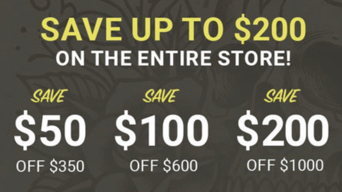 Kingpin Tattoo Supply promotion showing savings up to $200, including $50 off $350, $100 off $600, and $200 off $1000 on professional tattoo supplies