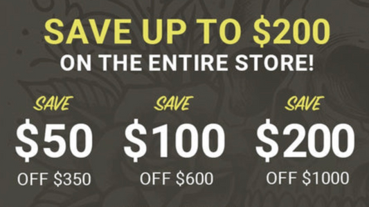 Kingpin Tattoo Supply promotion showing savings up to $200, including $50 off $350, $100 off $600, and $200 off $1000 on professional tattoo supplies