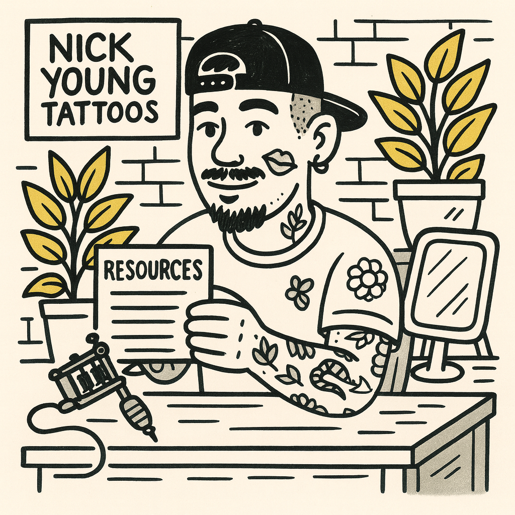Illustrated tattoo artist at Nick Young Tattoos holds a “Resources” sheet at his station, highlighting tattoo studios as suicide-prevention support touchpoints.