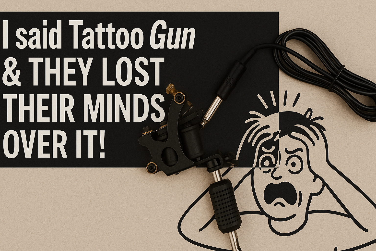 Blog graphic with bold text reading ‘I said Tattoo Gun & THEY LOST THEIR MINDS OVER IT!’ featuring a tattoo machine and an illustrated shocked face holding its head.