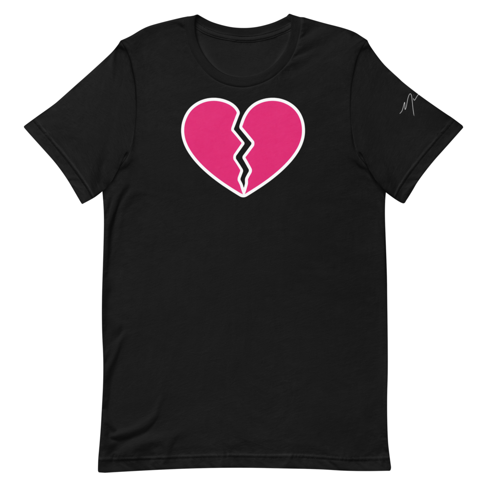 Black Broken Heart Tee by Nick Young Tattoos featuring a pink cracked heart graphic with white outline, Kansas City tattoo artist streetwear