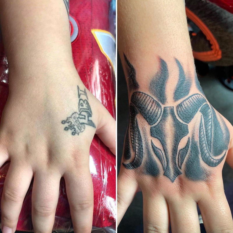 Before and after comparison of a cover-up tattoo by Nick Young in Kansas City 
