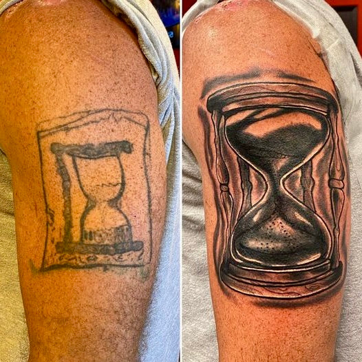 Before and after comparison of a tattoo of an hourglass on a person's arm.