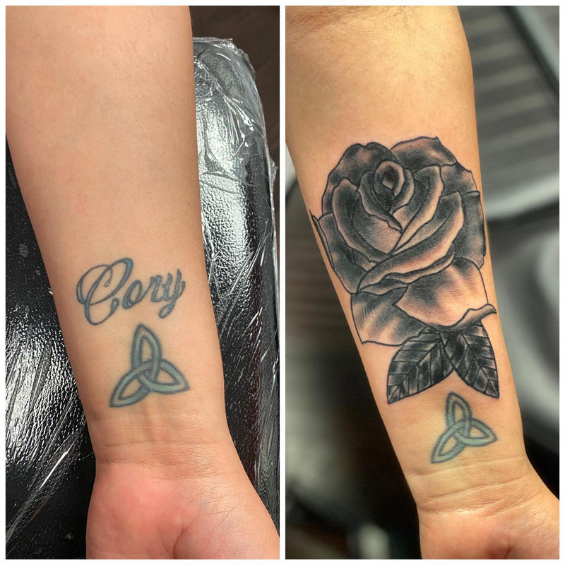 Before and after of a name tattoo cover-up by Nick Young in Kansas City, Missouri 