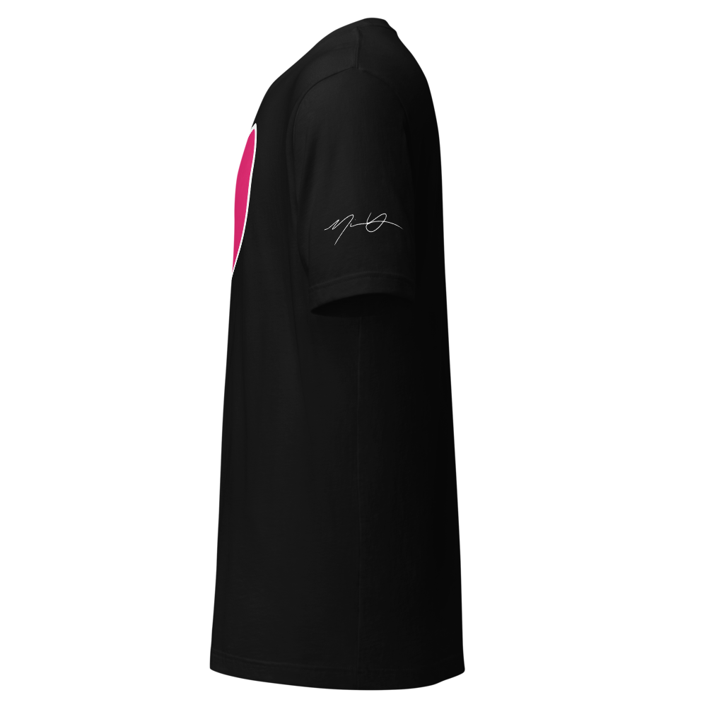 Black Broken Heart Tee by Nick Young Tattoos with pink cracked heart chest graphic and Nick Young signature on sleeve, Kansas City tattoo streetwear